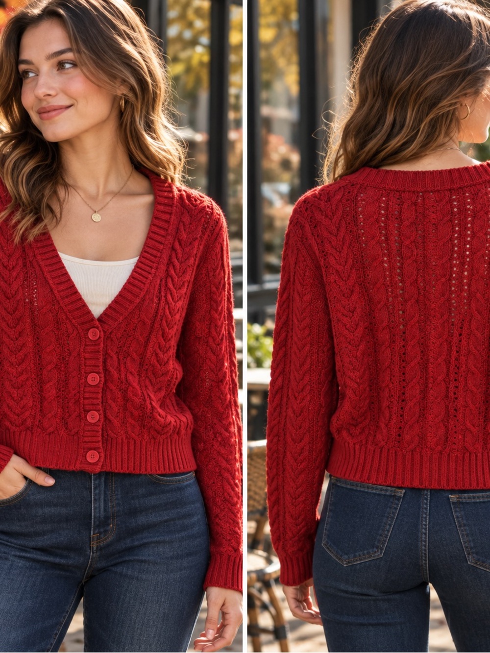 American Eagle Red Cable Knit V-Neck Cardigan Size XL